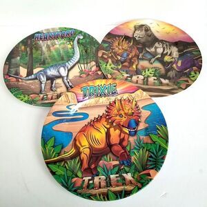 Set Of 3 Landry's Inc. MELAMINE 10" Dinner Plates T-REX, HEARTFORD, TRIXIE